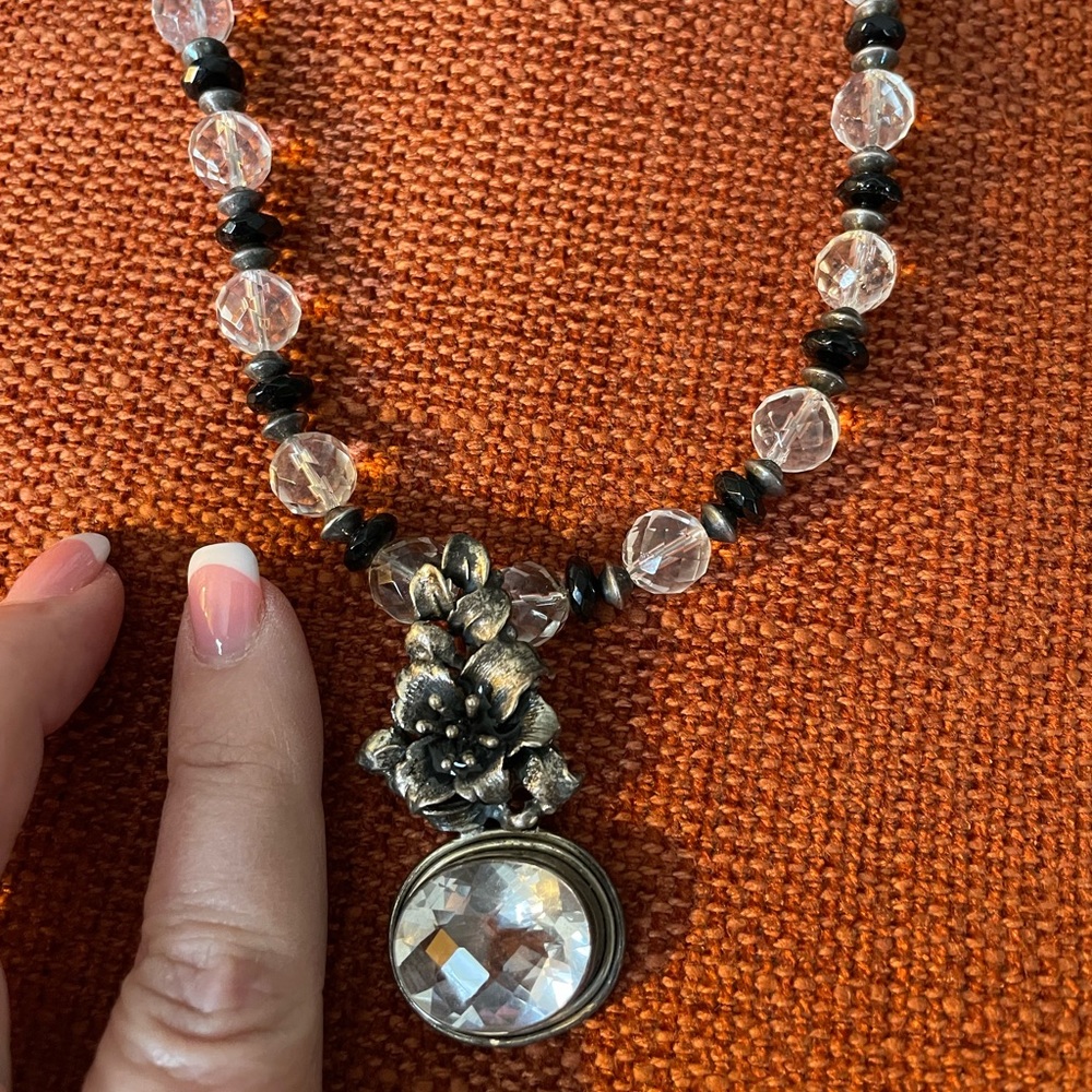 Quartz, sterling silver and black onyx necklace with lobster claw clasp